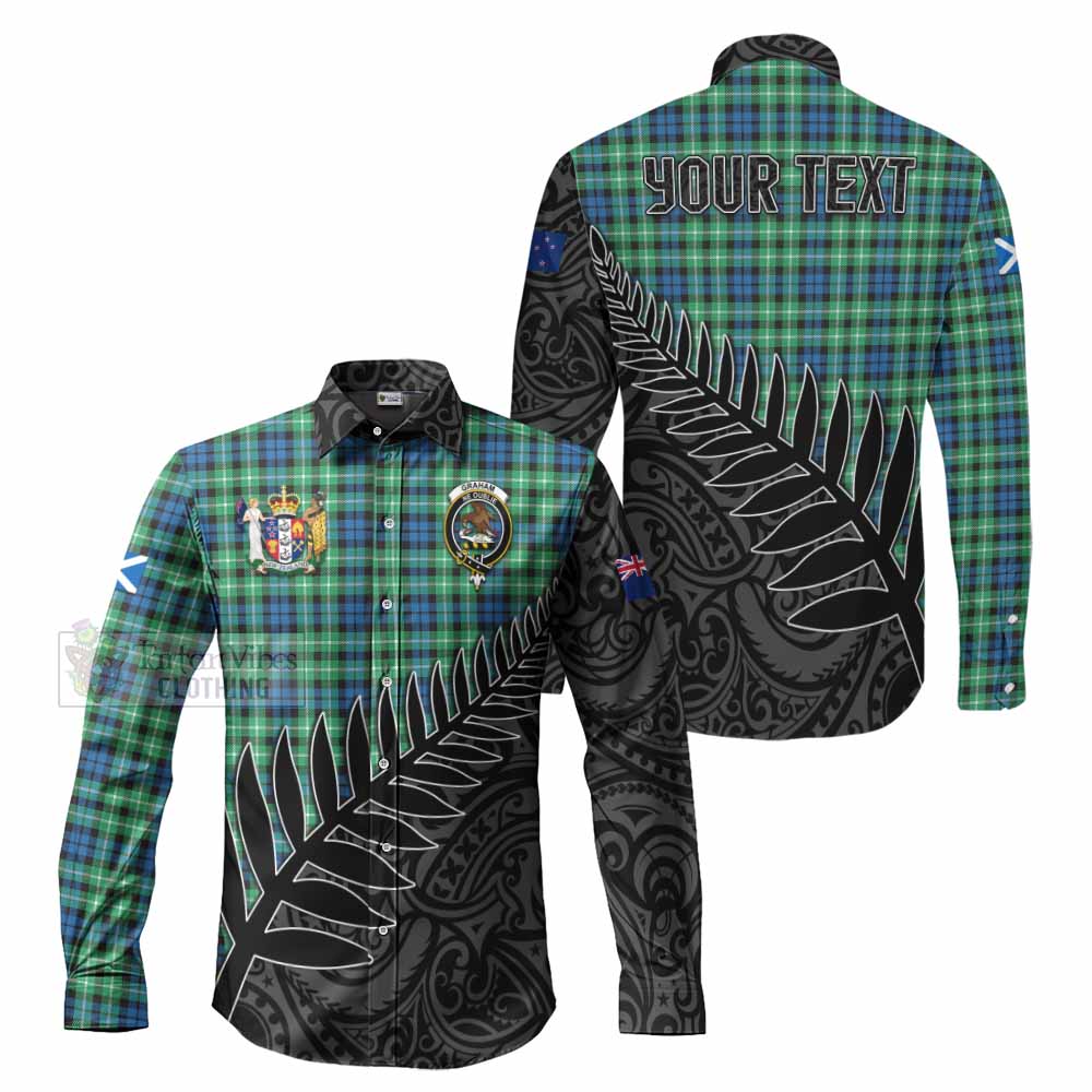 Tartan Vibes Clothing Graham Crest Tartan Long Sleeve Button Shirt with New Zealand Silver Fern Half Style