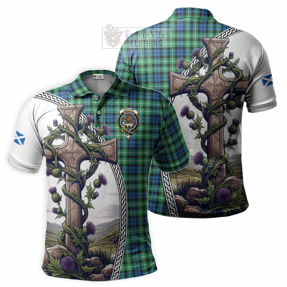 Tartan Vibes Clothing Graham Tartan Polo Shirt with Family Crest and St. Andrew's Cross Accented by Thistle Vines