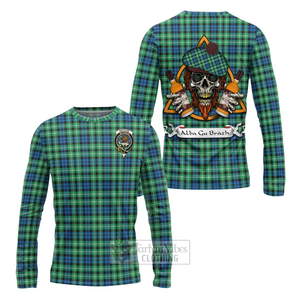 Tartan Vibes Clothing Graham Tartan Long Sleeve T-Shirt with Family Crest and Bearded Skull Holding Bottles of Whiskey