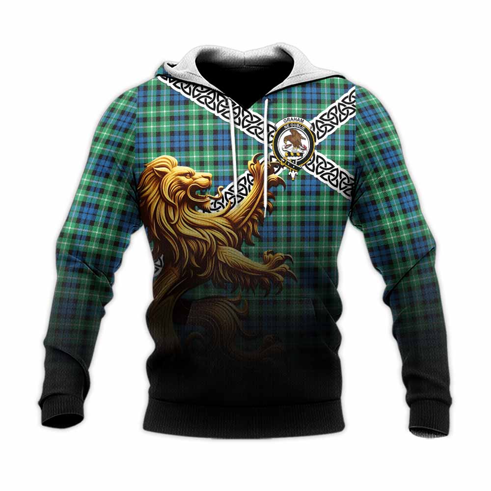 Graham Crest Tartan Knitted Hoodie with Golden Lion Emblem Celtic Style Unisex Knitted Pullover Hoodie - Tartan Vibes Clothing