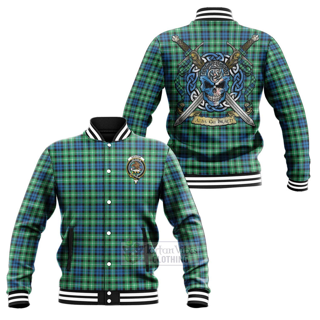 Tartan Vibes Clothing Graham Tartan Baseball Jacket with Family Crest Celtic Skull Style