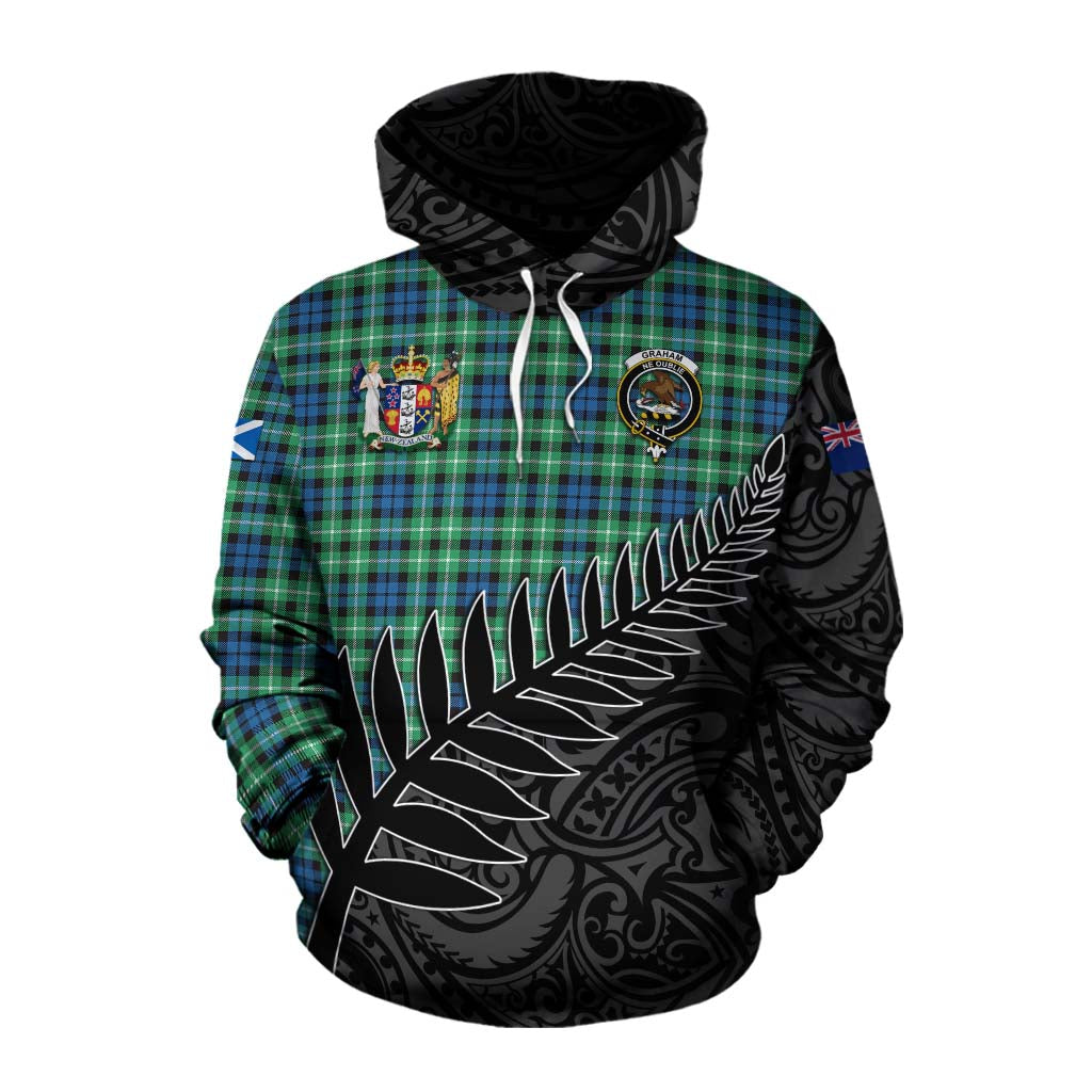 Tartan Vibes Clothing Graham Crest Tartan Cotton Hoodie with New Zealand Silver Fern Half Style