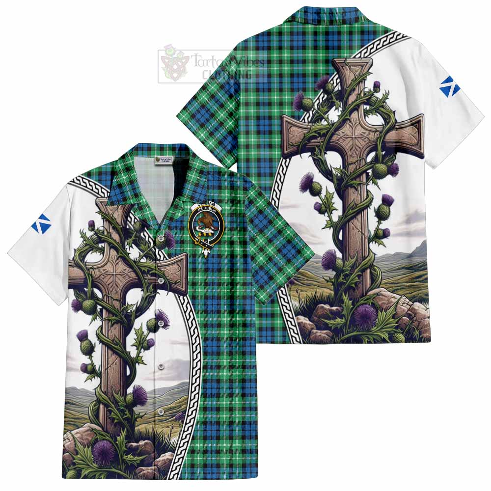 Tartan Vibes Clothing Graham Tartan Short Sleeve Button Shirt with Family Crest and St. Andrew's Cross Accented by Thistle Vines