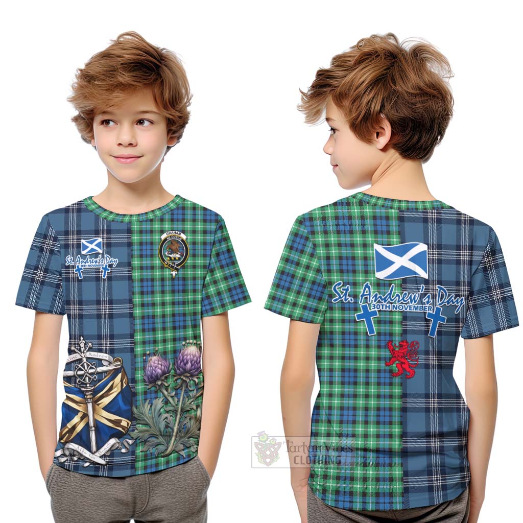 Tartan Vibes Clothing Graham Tartan Kid T-Shirt Happy St. Andrew's Day Half Tartan Style