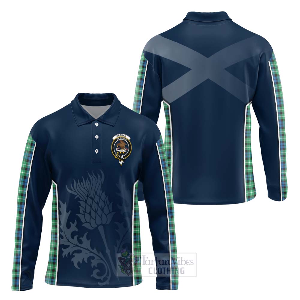 Tartan Vibes Clothing Graham Tartan Long Sleeve Polo Shirt with Family Crest and Scottish Thistle Vibes Sport Style