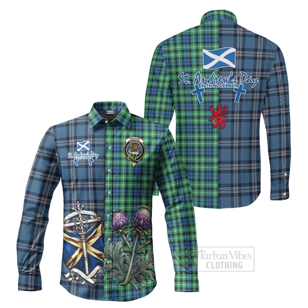 Tartan Vibes Clothing Graham Tartan Long Sleeve Button Shirt Happy St. Andrew's Day Half Tartan Style