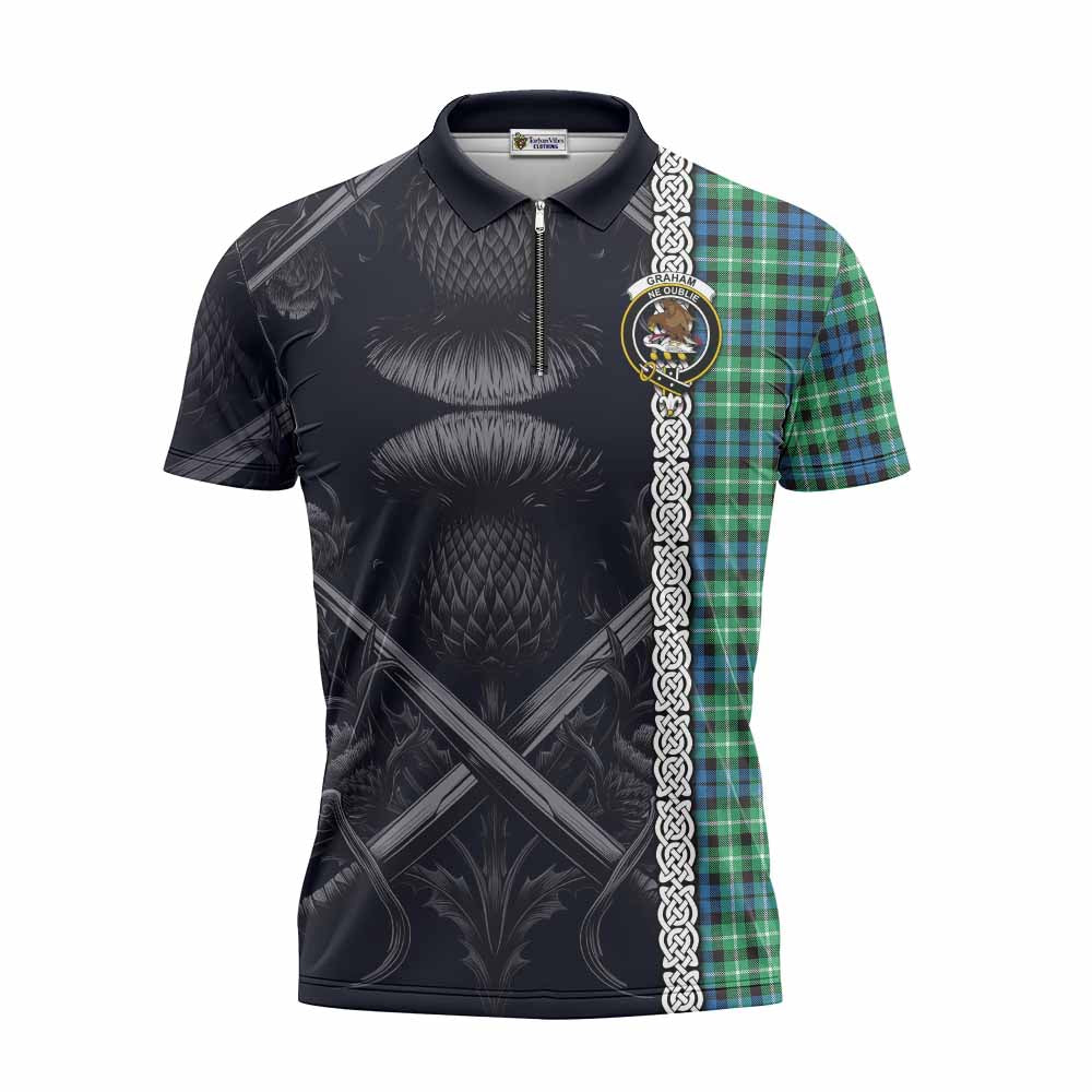 Tartan Vibes Clothing Graham Tartan Zipper Polo Shirt with Family Crest Cross Sword Thistle Celtic Vibes