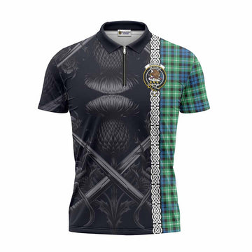 Graham Tartan Zipper Polo Shirt with Family Crest Cross Sword Thistle Celtic Vibes