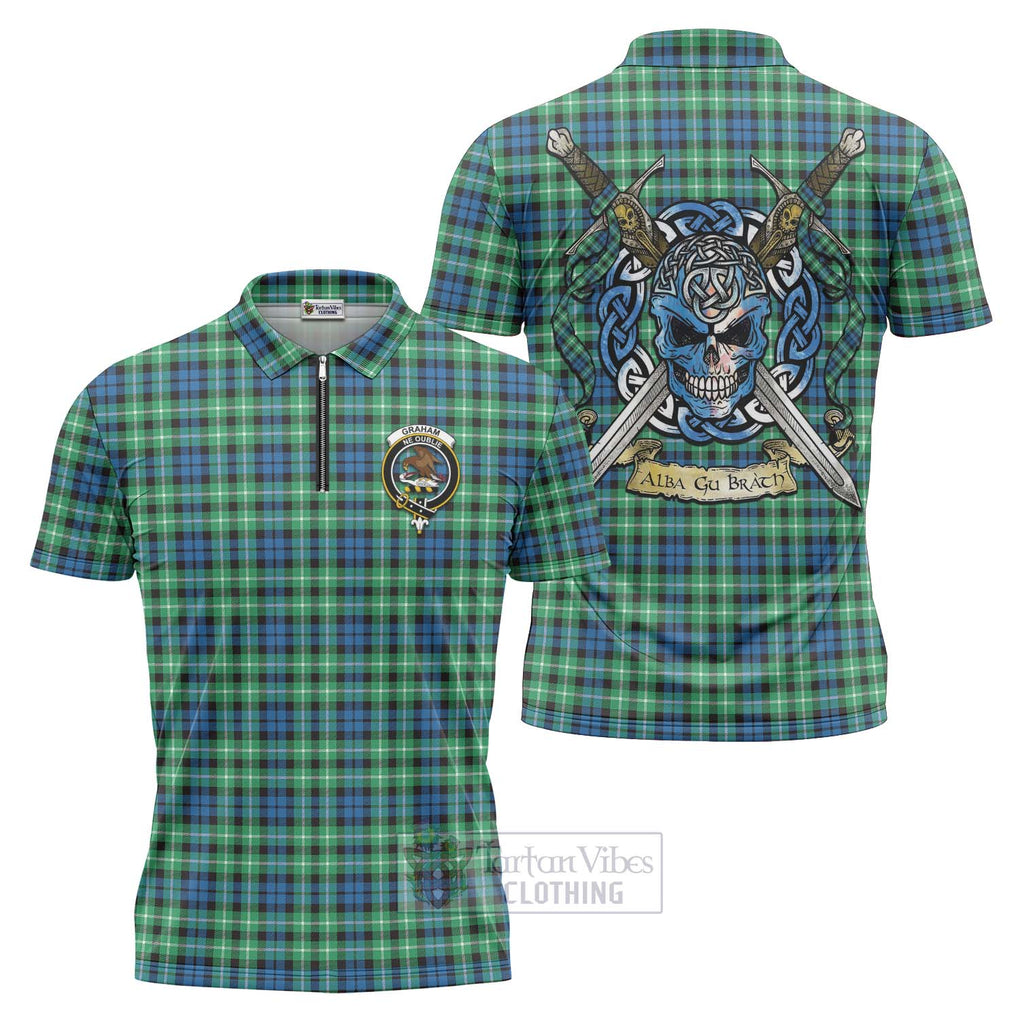 Tartan Vibes Clothing Graham Tartan Zipper Polo Shirt with Family Crest Celtic Skull Style