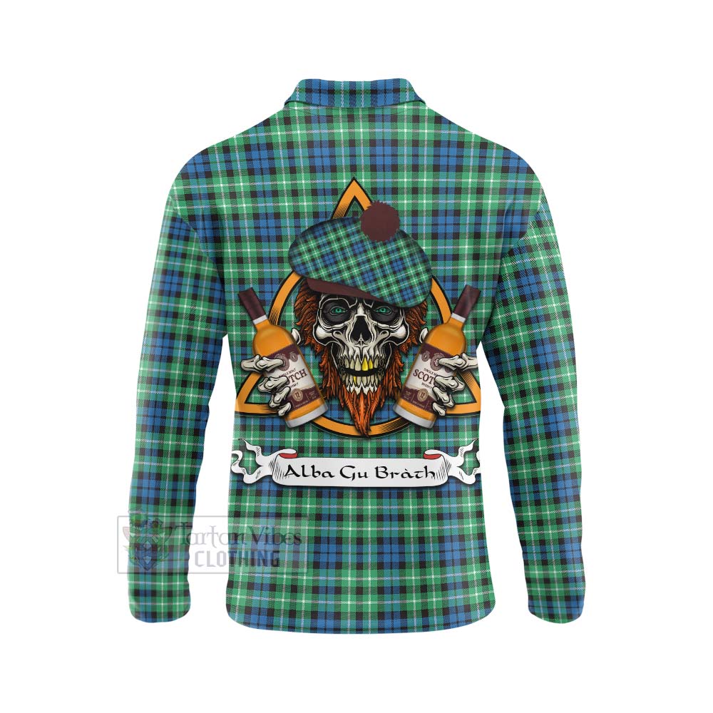 Tartan Vibes Clothing Graham Tartan Long Sleeve Polo Shirt with Family Crest and Bearded Skull Holding Bottles of Whiskey