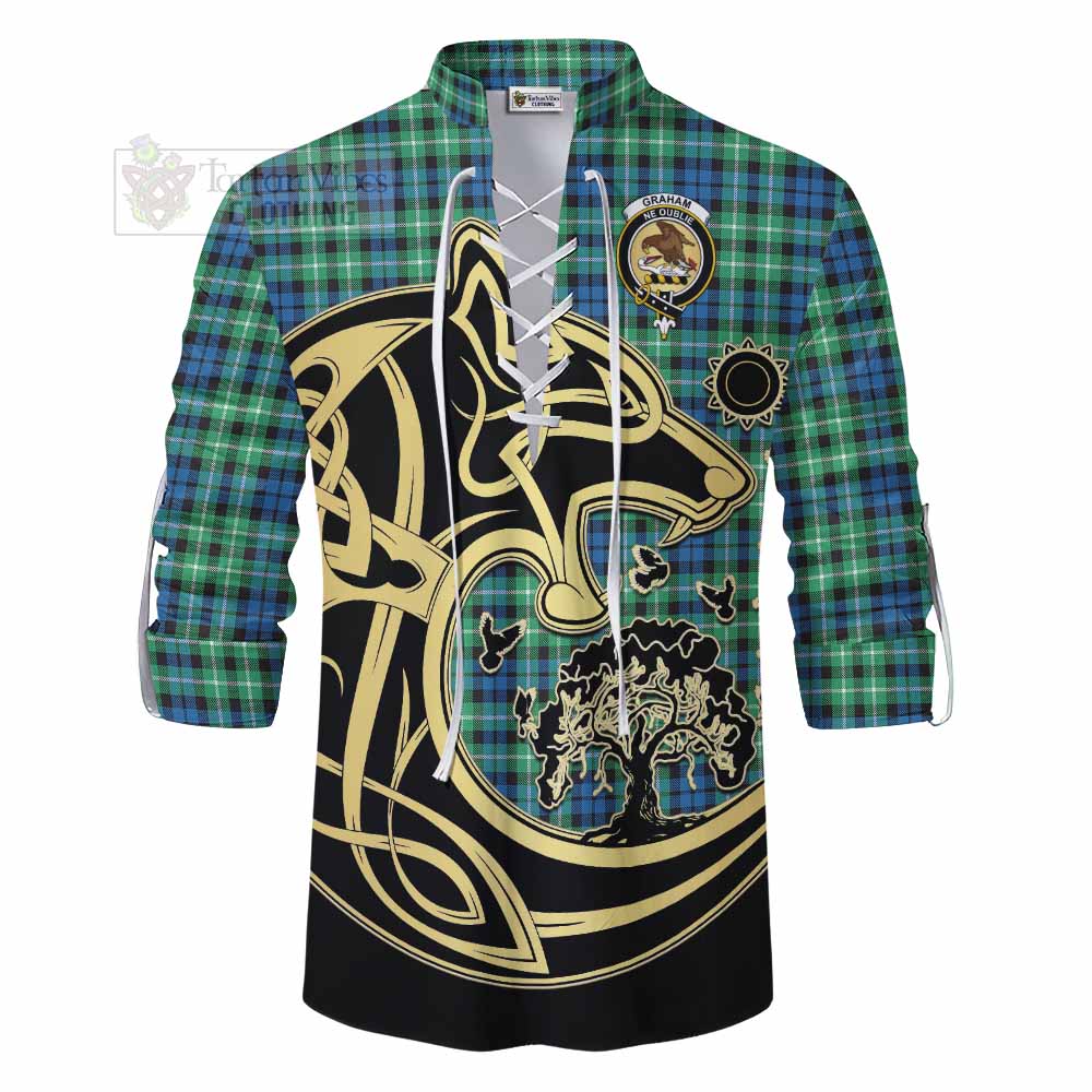 Tartan Vibes Clothing Graham Tartan Ghillie Kilt Shirt with Family Crest Celtic Wolf Style