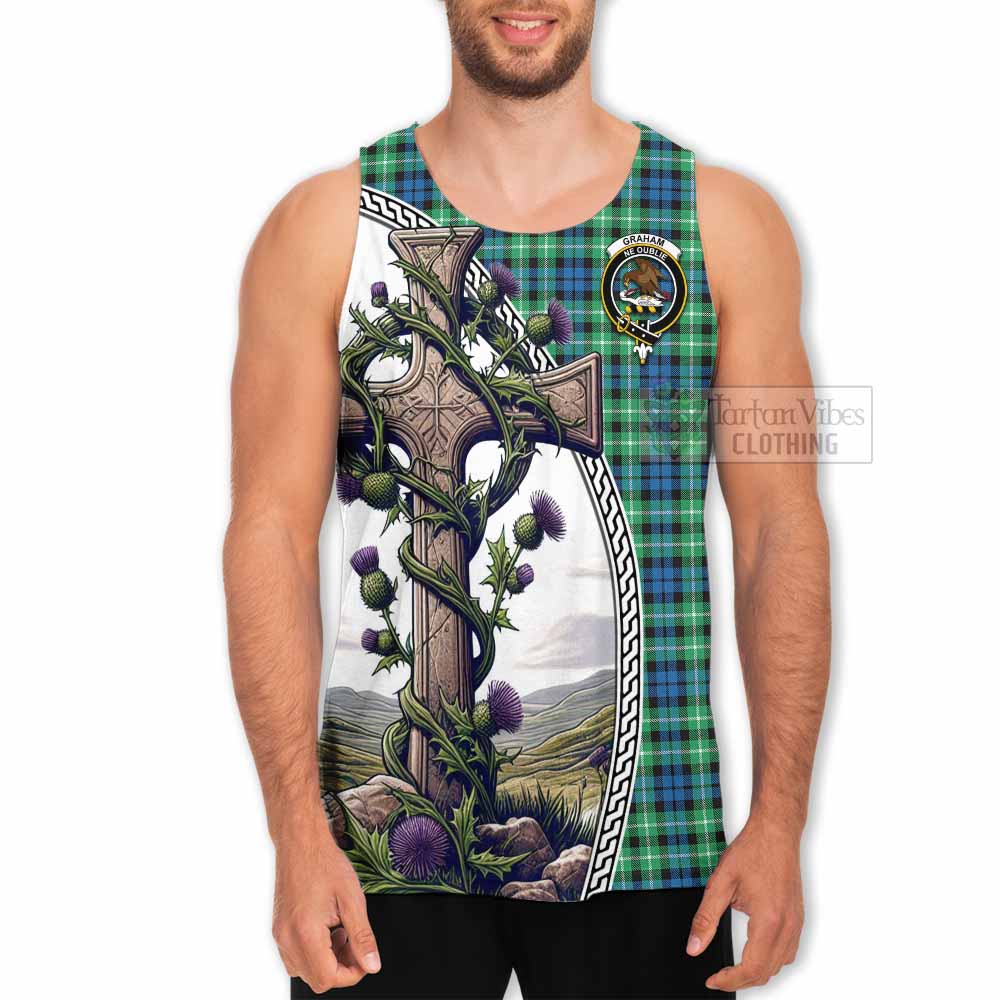 Tartan Vibes Clothing Graham Tartan Men's Tank Top with Family Crest and St. Andrew's Cross Accented by Thistle Vines