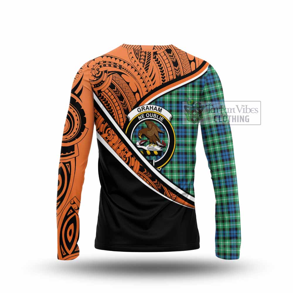 Tartan Vibes Clothing Graham Crest Tartan Long Sleeve T-Shirt with Maori Tattoo Style - Orange Version