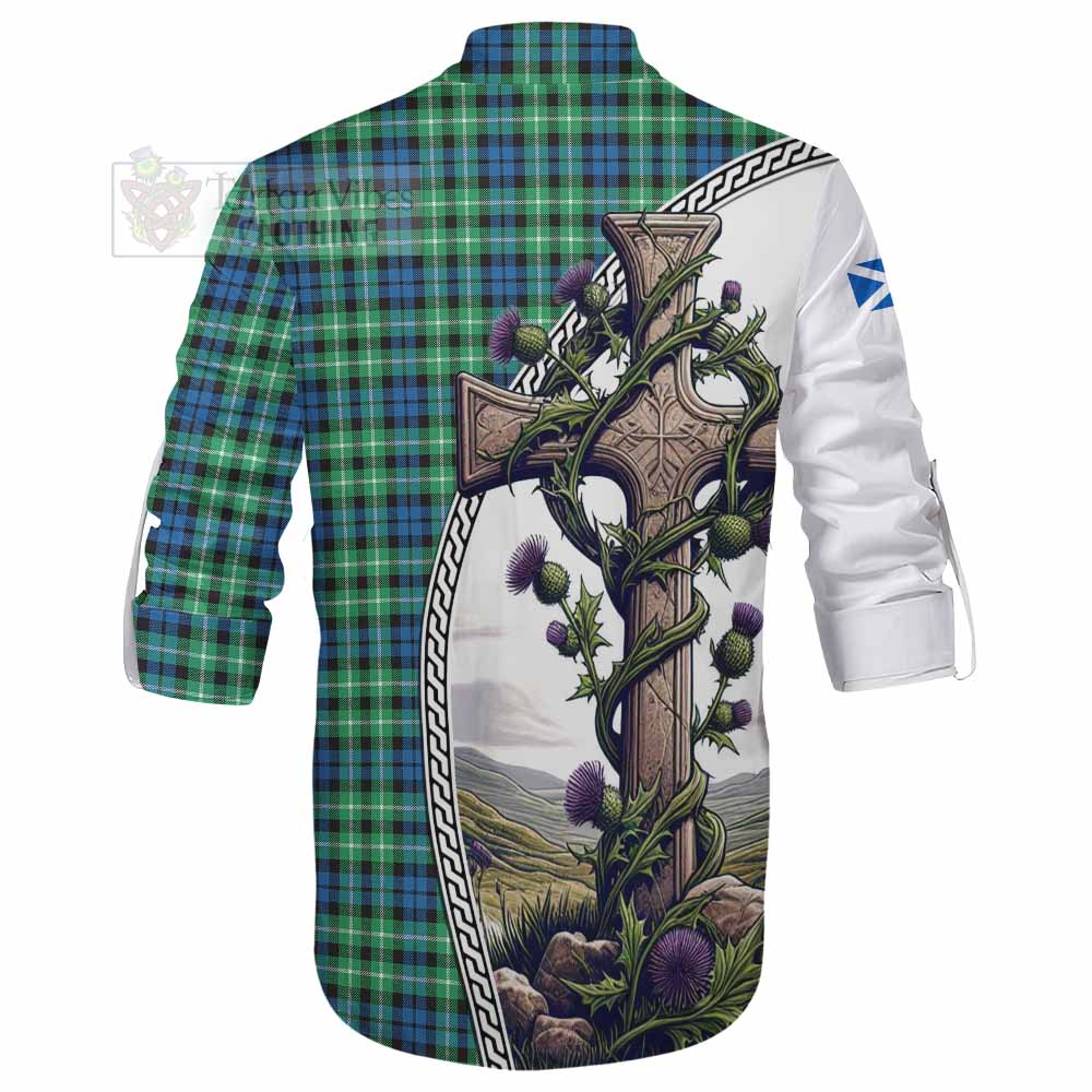 Tartan Vibes Clothing Graham Tartan Ghillie Kilt Shirt with Family Crest and St. Andrew's Cross Accented by Thistle Vines