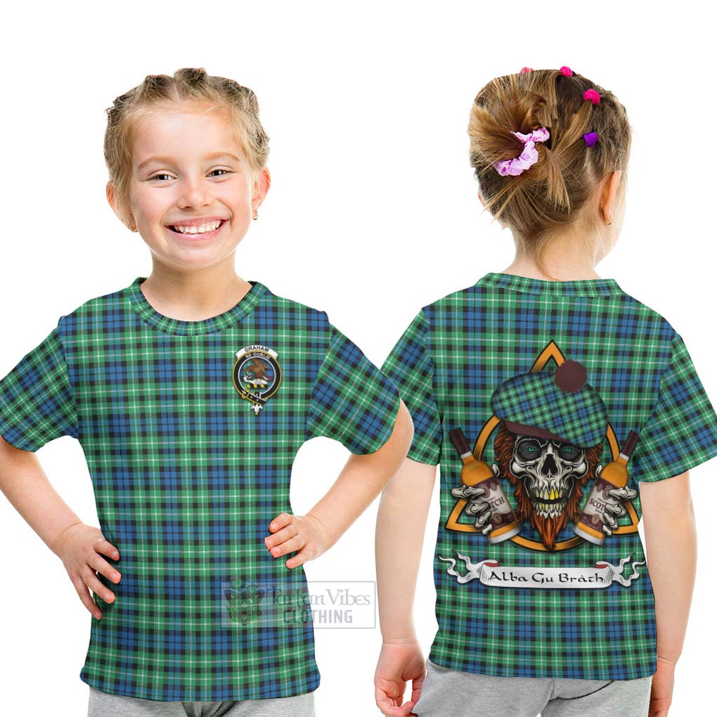 Tartan Vibes Clothing Graham Tartan Kid T-Shirt with Family Crest and Bearded Skull Holding Bottles of Whiskey