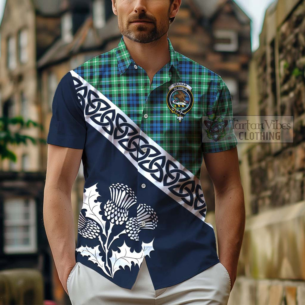 Tartan Vibes Clothing Graham Tartan Short Sleeve Button Shirt Featuring Thistle and Scotland Map