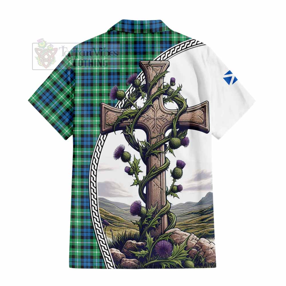 Tartan Vibes Clothing Graham Tartan Short Sleeve Button Shirt with Family Crest and St. Andrew's Cross Accented by Thistle Vines