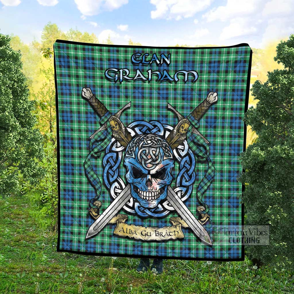 Tartan Vibes Clothing Graham Tartan Quilt with Celtic Skull Alba Gu Brath Style