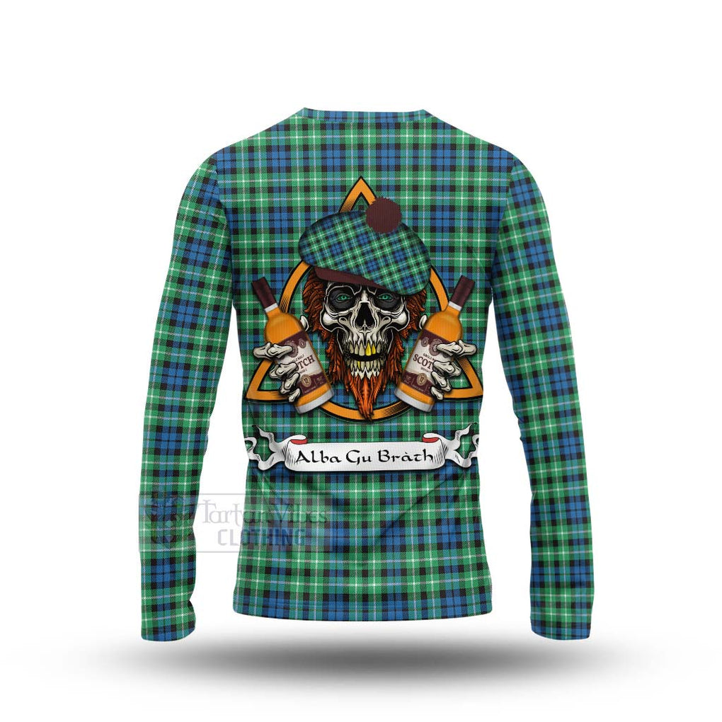 Tartan Vibes Clothing Graham Tartan Long Sleeve T-Shirt with Family Crest and Bearded Skull Holding Bottles of Whiskey