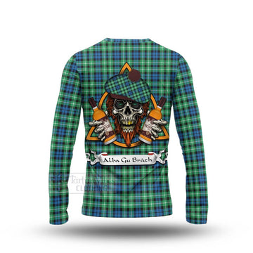 Graham Tartan Long Sleeve T-Shirt with Family Crest and Bearded Skull Holding Bottles of Whiskey