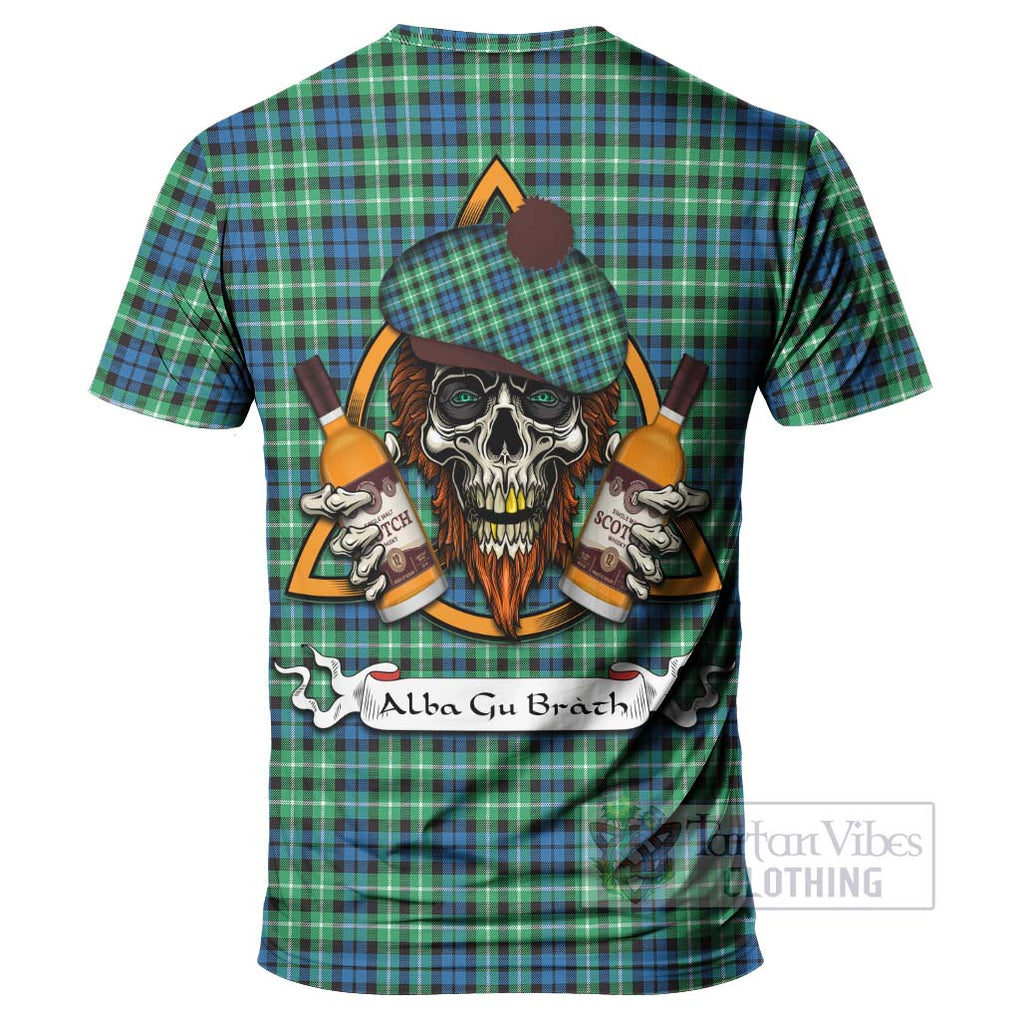 Tartan Vibes Clothing Graham Tartan T-Shirt with Family Crest and Bearded Skull Holding Bottles of Whiskey