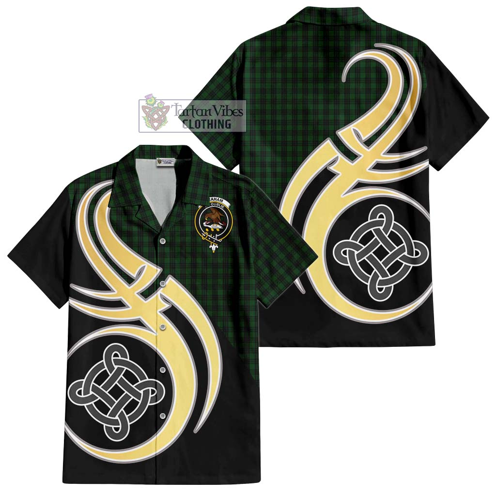 Graham Tartan Short Sleeve Button Shirt with Family Crest and Celtic Symbol Style - Tartan Vibes Clothing