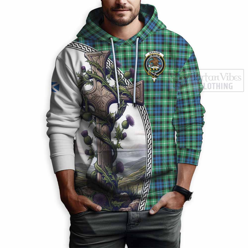 Tartan Vibes Clothing Graham Tartan Hoodie with Family Crest and St. Andrew's Cross Accented by Thistle Vines