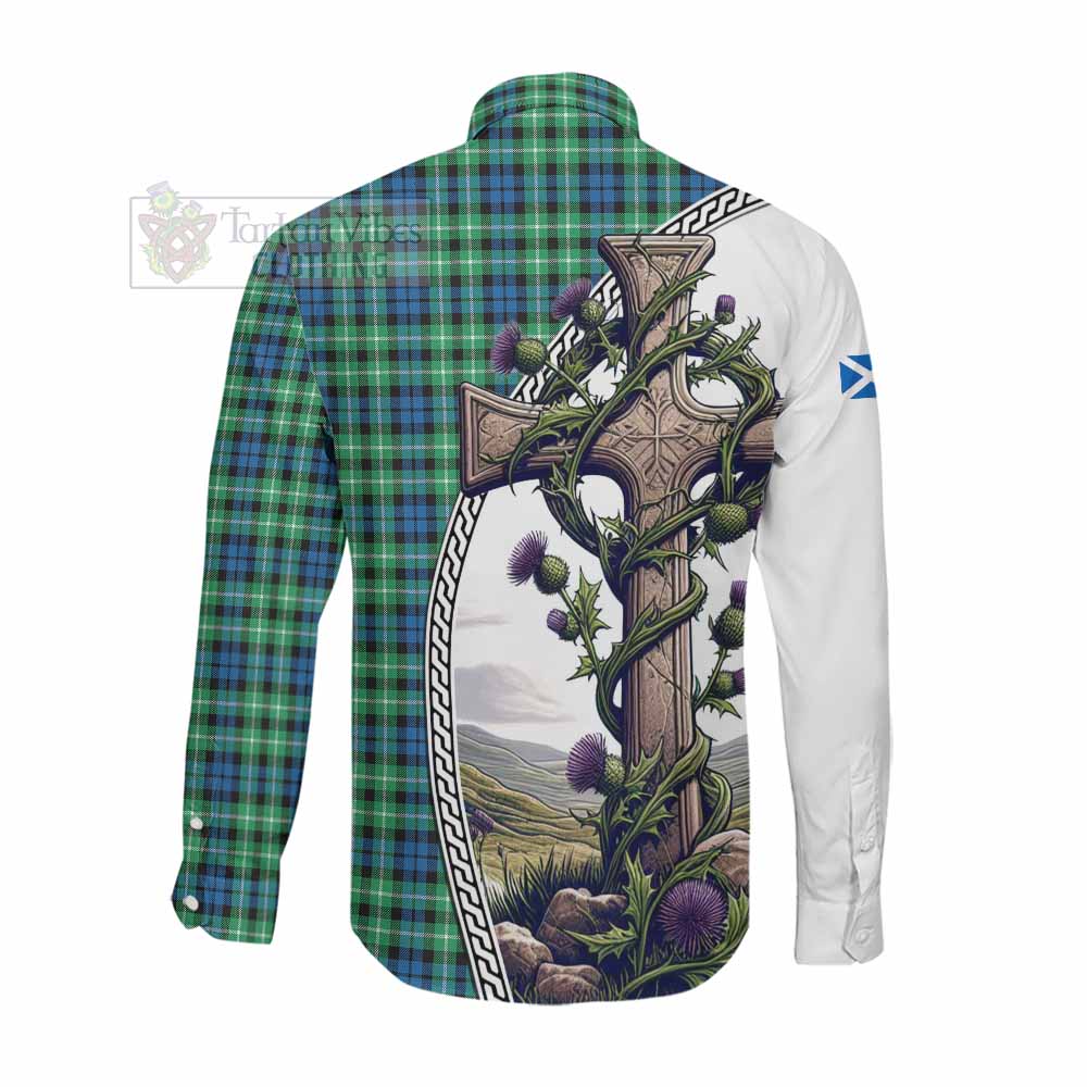 Tartan Vibes Clothing Graham Tartan Long Sleeve Button Shirt with Family Crest and St. Andrew's Cross Accented by Thistle Vines