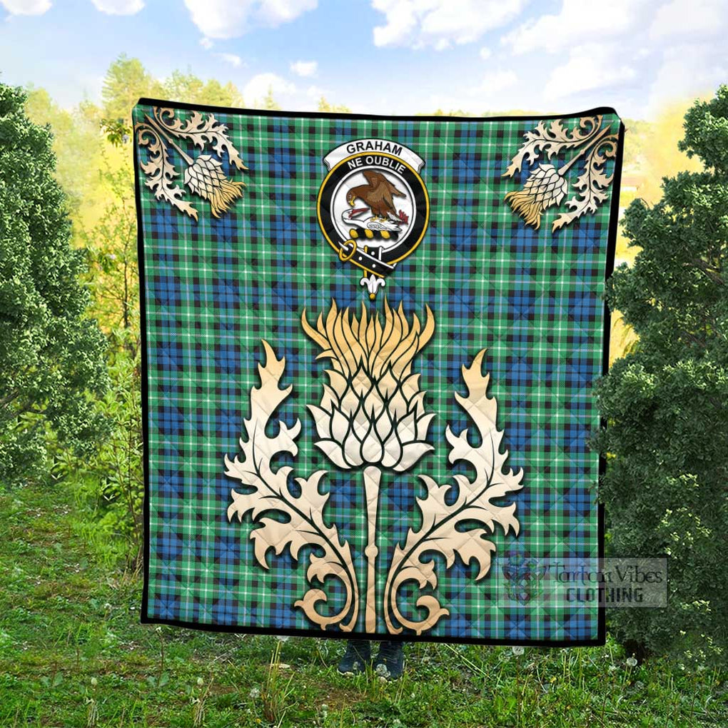 Tartan Vibes Clothing Graham Tartan Quilt with Family Crest and Golden Thistle Style