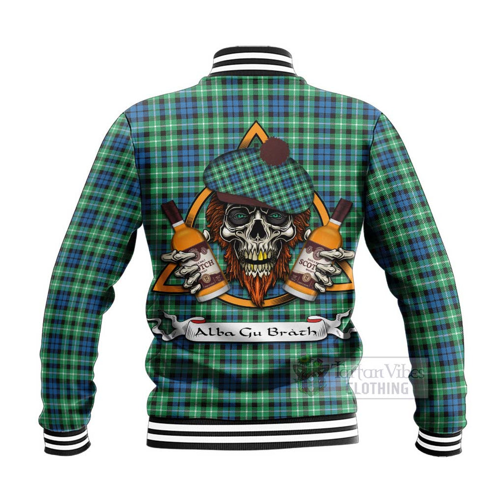 Tartan Vibes Clothing Graham Tartan Baseball Jacket with Family Crest and Bearded Skull Holding Bottles of Whiskey