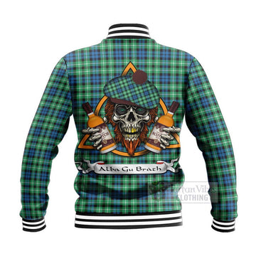 Graham Tartan Baseball Jacket with Family Crest and Bearded Skull Holding Bottles of Whiskey