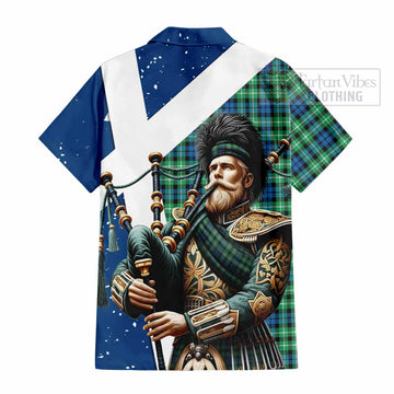 Graham Tartan Short Sleeve Button Shirt with Family Crest Scottish Bagpiper Vibes