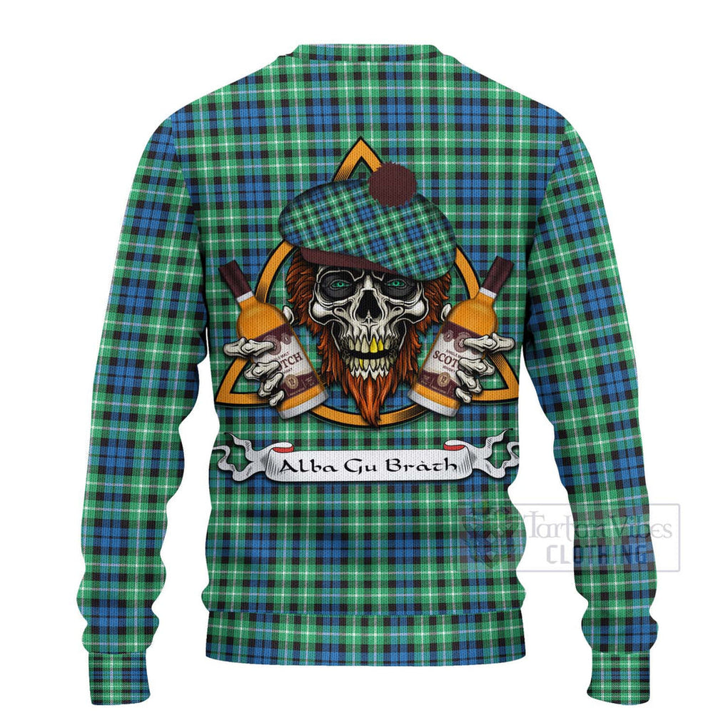 Tartan Vibes Clothing Graham Tartan Knitted Sweater with Family Crest and Bearded Skull Holding Bottles of Whiskey