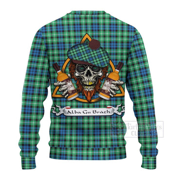 Graham Tartan Ugly Sweater with Family Crest and Bearded Skull Holding Bottles of Whiskey