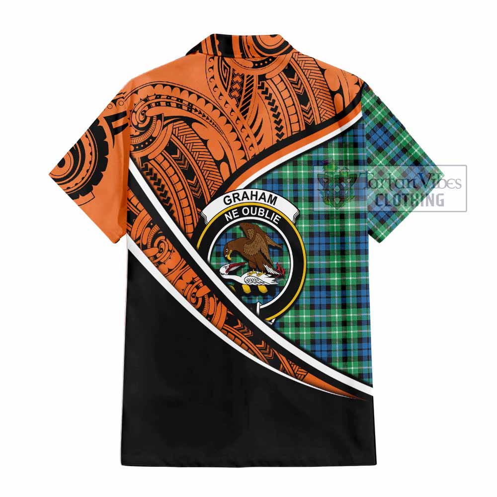 Tartan Vibes Clothing Graham Crest Tartan Short Sleeve Button Shirt with Maori Tattoo Style - Orange Version