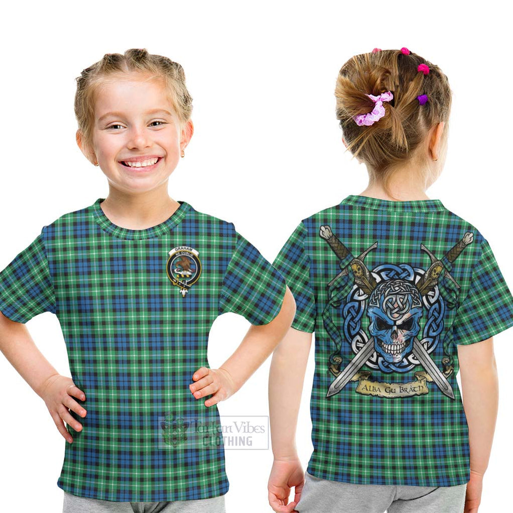 Tartan Vibes Clothing Graham Tartan Kid T-Shirt with Family Crest Celtic Skull Style