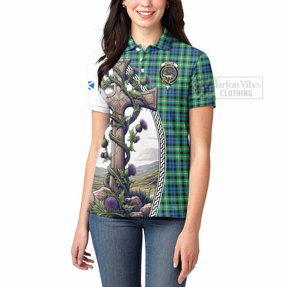 Tartan Vibes Clothing Graham Tartan Women's Polo Shirt with Family Crest and St. Andrew's Cross Accented by Thistle Vines