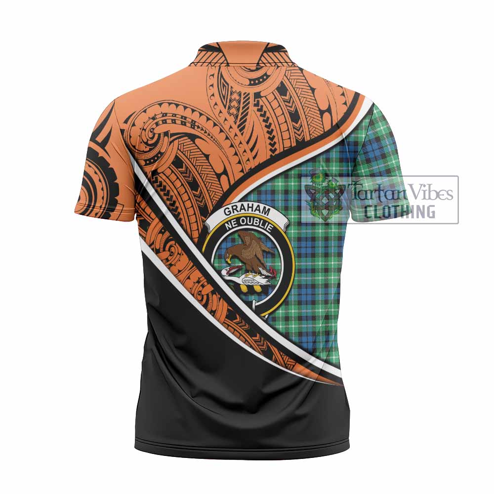 Tartan Vibes Clothing Graham Crest Tartan Zipper Polo Shirt with Maori Tattoo Style - Orange Version