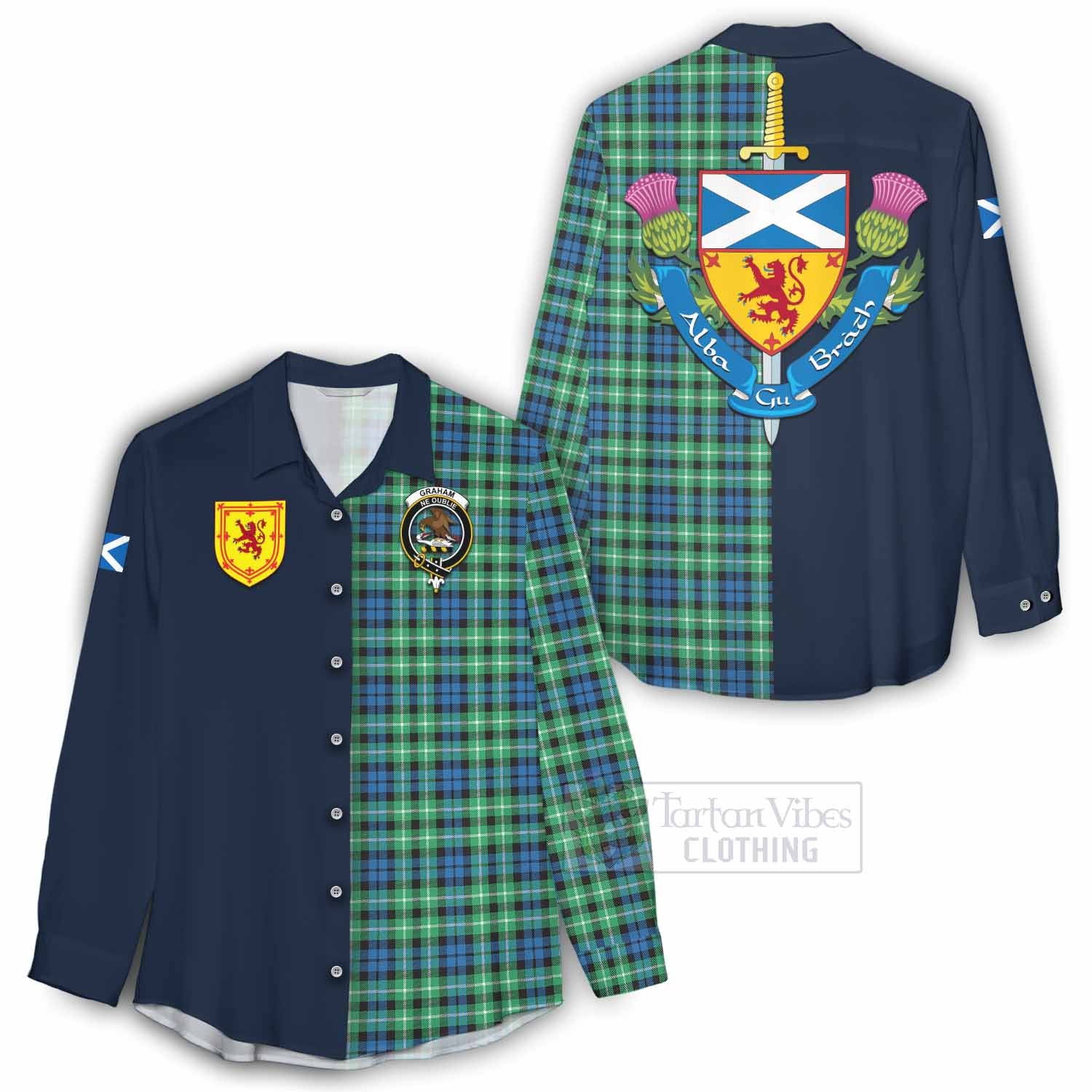 Tartan Vibes Clothing Graham Tartan Women's Casual Shirt Alba with Scottish Lion Royal Arm Half Style