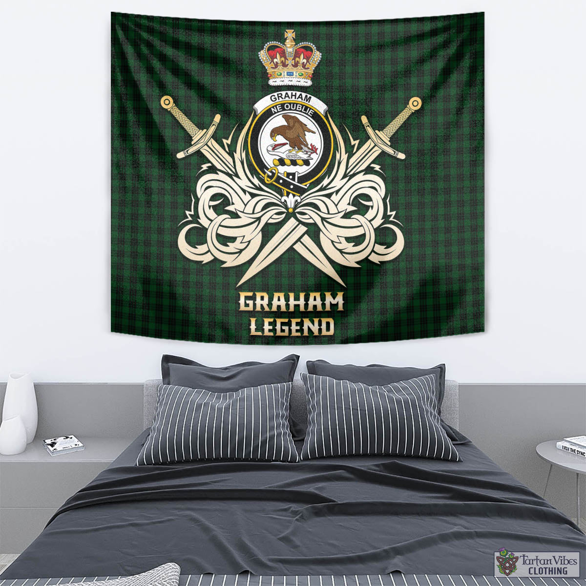 Tartan Vibes Clothing Graham Tartan Tapestry with Clan Crest and the Golden Sword of Courageous Legacy