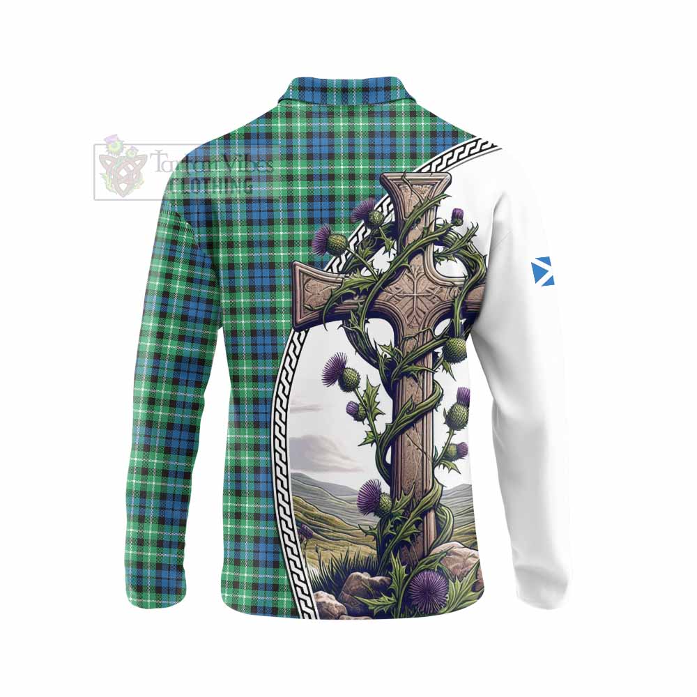 Tartan Vibes Clothing Graham Tartan Long Sleeve Polo Shirt with Family Crest and St. Andrew's Cross Accented by Thistle Vines