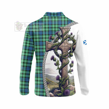 Graham Tartan Long Sleeve Polo Shirt with Family Crest and St. Andrew's Cross Accented by Thistle Vines