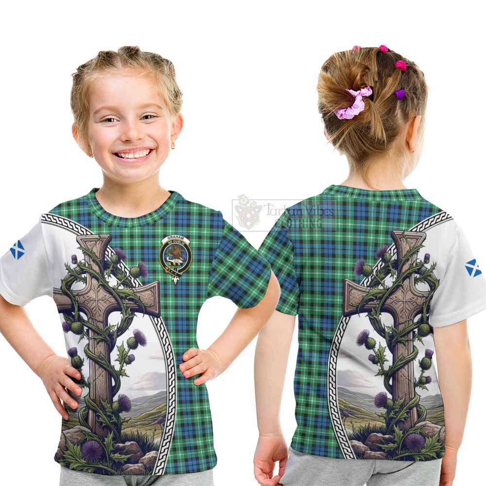 Tartan Vibes Clothing Graham Tartan Kid T-Shirt with Family Crest and St. Andrew's Cross Accented by Thistle Vines