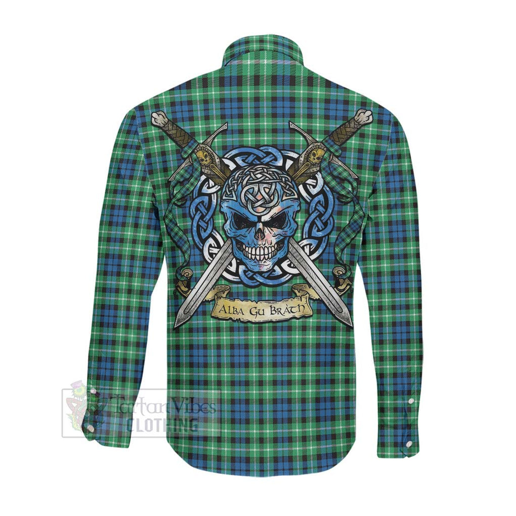 Tartan Vibes Clothing Graham Tartan Long Sleeve Button Shirt with Family Crest Celtic Skull Style