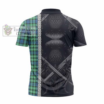 Graham Tartan Zipper Polo Shirt with Family Crest Cross Sword Thistle Celtic Vibes