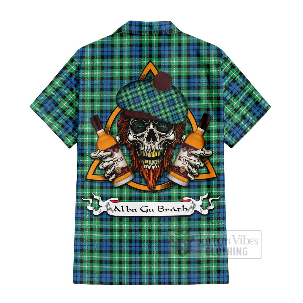 Tartan Vibes Clothing Graham Tartan Short Sleeve Button Shirt with Family Crest and Bearded Skull Holding Bottles of Whiskey