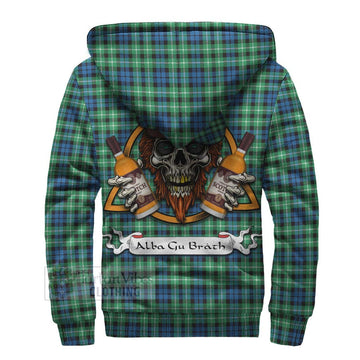 Graham Tartan Sherpa Hoodie with Family Crest and Bearded Skull Holding Bottles of Whiskey