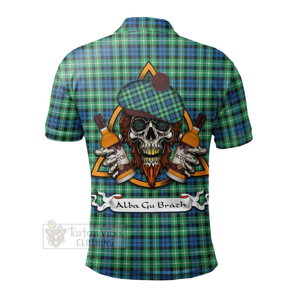 Tartan Vibes Clothing Graham Tartan Polo Shirt with Family Crest and Bearded Skull Holding Bottles of Whiskey