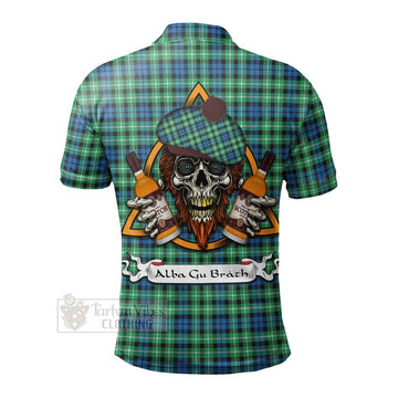 Graham Tartan Polo Shirt with Family Crest and Bearded Skull Holding Bottles of Whiskey