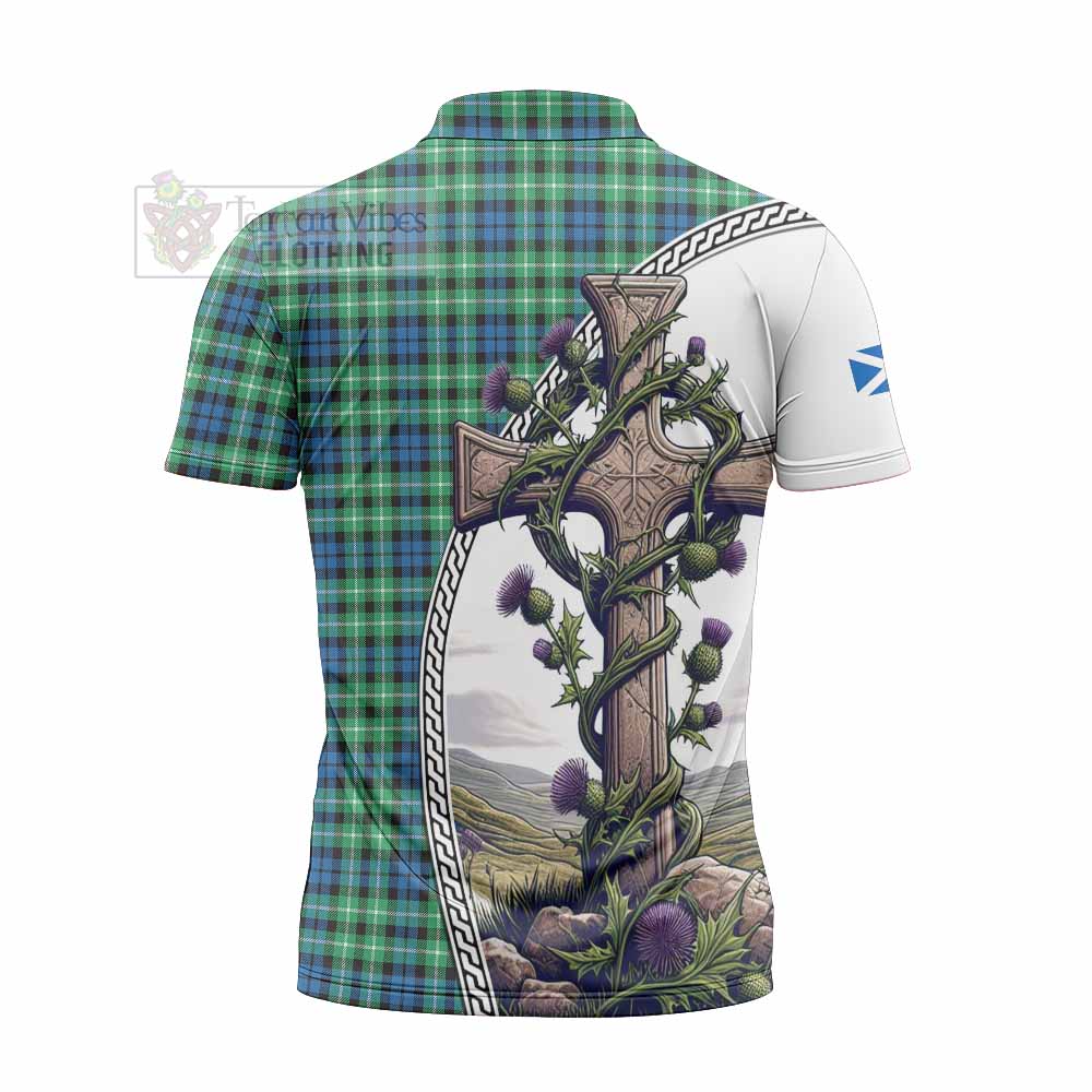 Tartan Vibes Clothing Graham Tartan Zipper Polo Shirt with Family Crest and St. Andrew's Cross Accented by Thistle Vines